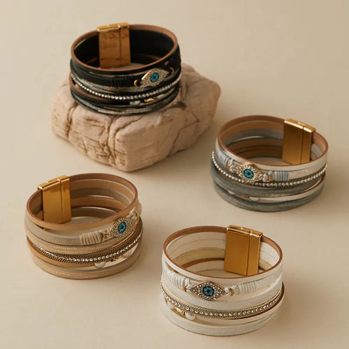 Vintage Style Vacation Eye Imitation Gold  Pu Leather Wrap Bracelets Wholesale