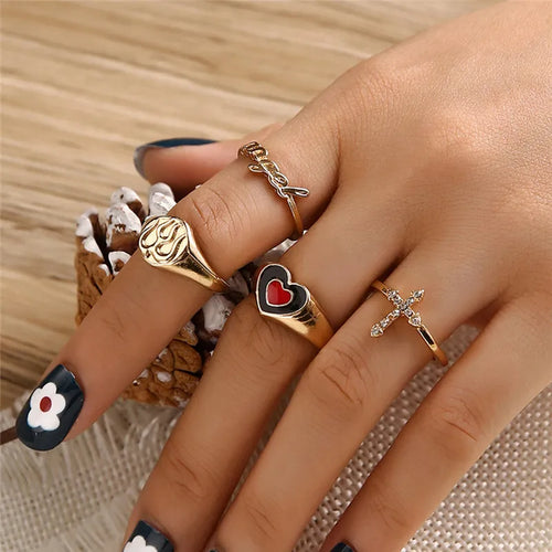 Geometric Gold Ring Set for Women with KC Golden Plated Coating 0.03µm-0.05µm Featuring Artificial Diamond Inlay