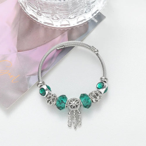 Sweet Peacock Green Alloy Bangle with Rhinestones, Electroplated Finish, Unisex Bracelet