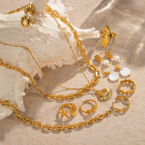 Starfish Jewelry Set for Women with Waterproof Non Tarnish 316L Stainless Steel, 18K Real Gold Plated PVD Coated Cable Chain