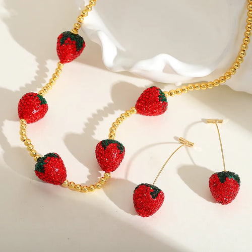 1 Piece Cute Sweet Strawberry Copper Clay Inlay Zircon Clay 18K Gold Plated Women's Beaded Chain Earrings Necklace