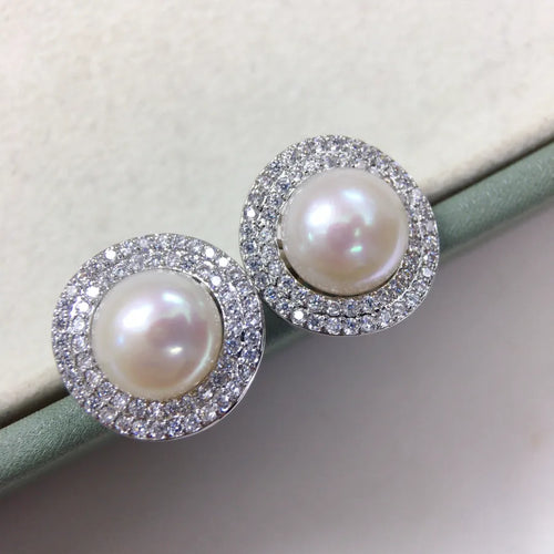 Freshwater Pearl Earrings for Women Featuring Natural White 9-10mm Button Pearls