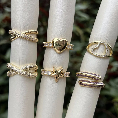 Geometric Open Rings for Women with Zircon Inlay, Copper Material Electroplated in 18K Gold
