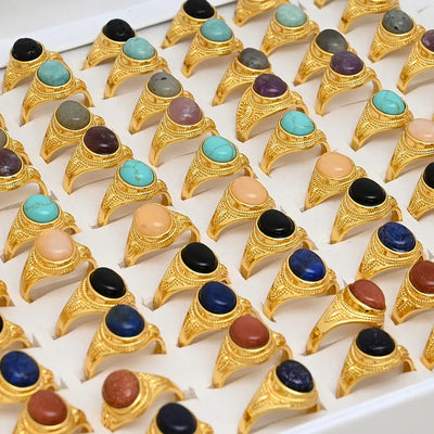 Handmade DIY Jewelry Accessories Black Obsidian Flashing Stone Blue Sandstone Gold Sandstone Amethyst Lapis Lazuli天河石 Pink Crystal Volcanic Rock Oval Ring