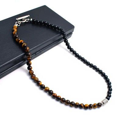 Stainless Steel Tiger Eye Map Stone Necklace Titanium Steel Dual Color Trendy Men's Jewelry Pendant Geometric Pattern Round Craft
