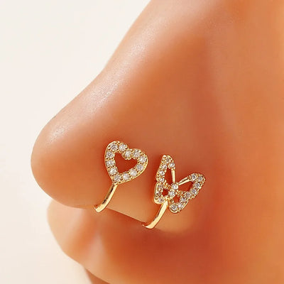 Fashionable U-Shaped Rhinestone-Embedded Butterfly Heart Fake Nose Ring Piercing Jewelry No Hole Butterfly Nose Stud For Men And Women
