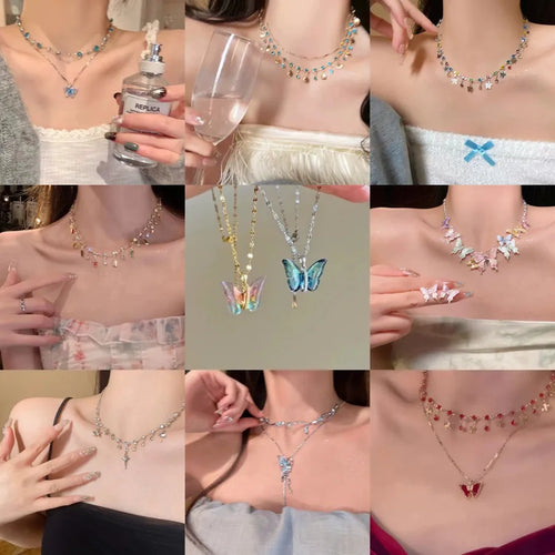 Suitable for Summer Cool Double Layer Butterfly Necklace Accessories Women's Light Luxury Niche Flash Exquisite Collarbone Chain Necklace Chain