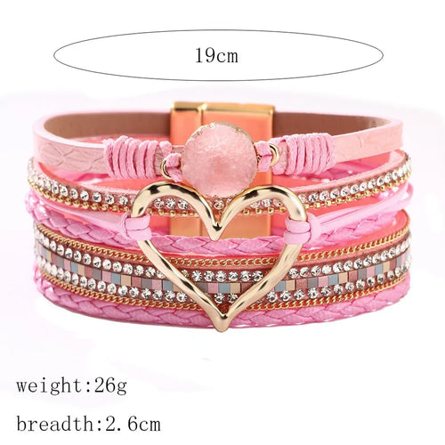 cute sexy shiny heart shape pu leather alloy inlay rhinestones women's bracelets