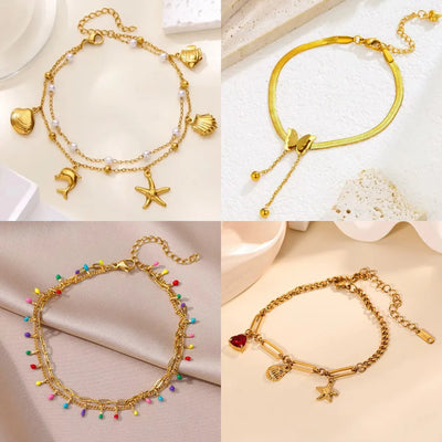 Women's Marine Style Beading Anklet with Heart Shape, 18K Real Gold Plated 304 Stainless Steel and Zircon Inlay