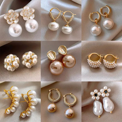 Real Gold Electroplated Pearl Stud Earrings French Entry Lux Style Women's Fashion Socialite Dignified Flowers Earrings Elegant High-Grade Earrings