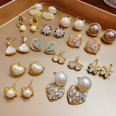 Geometric Pearl Zirconium Stone Electroplated Silver Needle Earrings Luxury Feelings Women's Fashion Jewelry Ear Cuffs