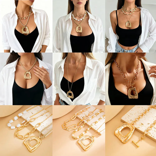 Hollow Square Pendant Necklace Irregular CCB Shaped Pearl Collarbone Chain Vintage KC Gold Plated