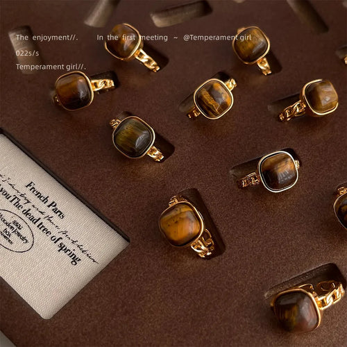 Adjustable Open Ring French Vintage Natural Stone Tiger Eye Square Geometric Gold Plated Ring Women's Fashion Jewelry Accessories