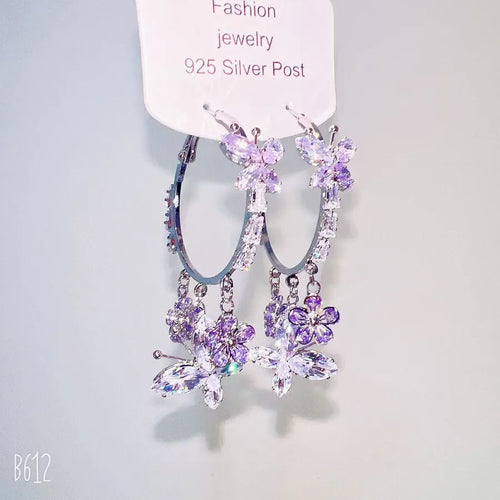Luxurious Purple Flowers Tassel Hoop Earrings for Women with Zircon Inlay