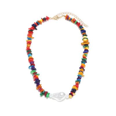 Handmade Pearl Necklace for Women with Imitation Pearl Pendant and Beaded Chain featuring Natural Stone Inlay