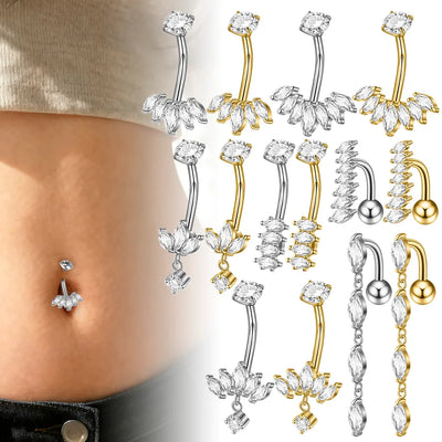 304 Stainless Steel Round Zirconia Horse Eye Navel Piercing Inverted Multi-Piece Curved Rod Inlaid Zirconia Navel Ring Electroplated 14G Zirconia Oval Ball Electroplated 18K Gold Plated