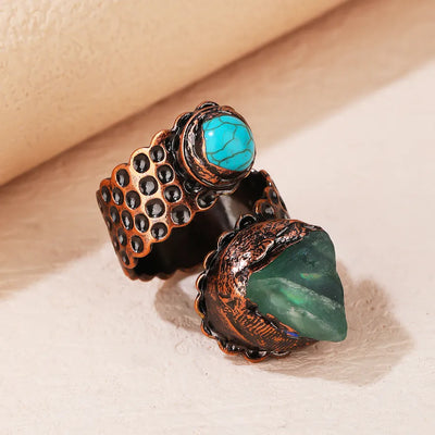 Copper Asymmetrical Irregular Inlay Snakeskin Green Fluorite Open Rings
