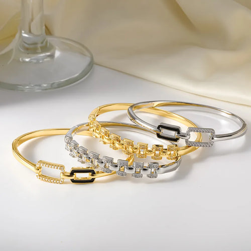 Square Micro Pave Bangle for Women in Brass with 18K Real Gold Plating and Zircon Inlay, Featuring Water Plating Process
