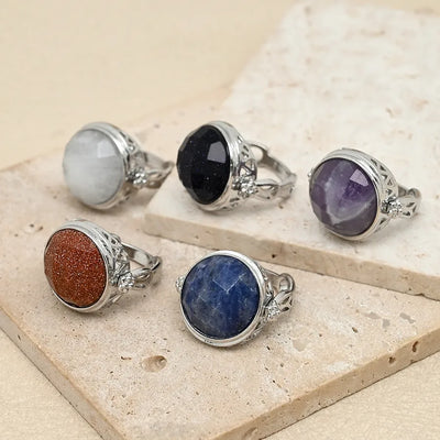 Casual Modern Style Simple Style Round natural stone Copper White Gold Plated Crystal Amethyst  Blue san Rings In Bulk