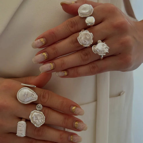 Antique Baroque Imitation Pearl Ring Set Irregular Shape Waterproof Non-Fading Geometric Suitable for Women