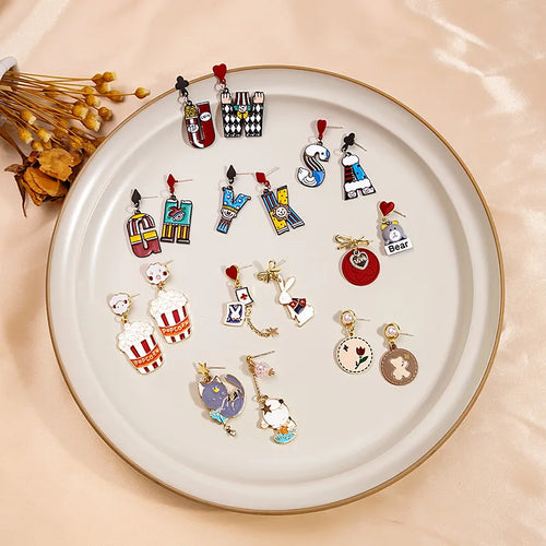 cartoon style cute animal cartoon letter alloy enamel pearl plating women's drop earrings
