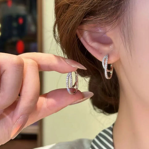 S925 Silver Needle Earrings Silver Double Layer Cross Zircon Earrings for Women Light Luxury High-end Fashionable Versatile Earrings