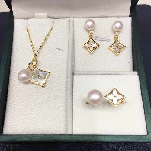 Natural Seashell Freshwater Pearl Pendant Earrings Ring Set White Color Pearl Necklace Jewelry Kit From Zhujì