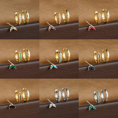 Elegant Round Zirconia Hoop Earrings Women's Fashion Minimalist Studs 3-Piece Set Copper Material Geometric Pattern  Style