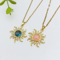 Handmade Sun Necklace for Women in 201 Stainless Steel with Golden Plated Electroplated Finish and Resin Inlay, Featuring Cable Chain