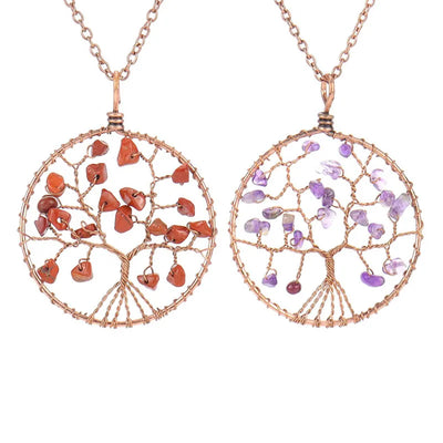 Handmade Spiral Circle Natural Crystal Pebble Ancient Red Copper Wound Life Tree Pendant Necklace N93 Simple Style For Women