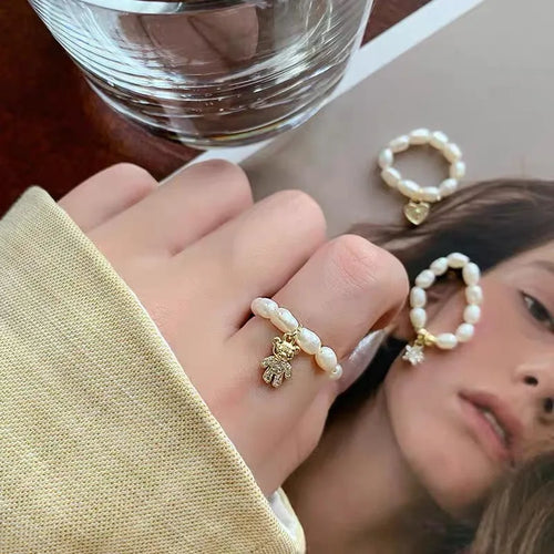 retro simple style star bear heart shape freshwater pearl charm rings