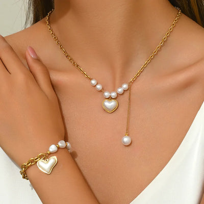 Wholesale Jewelry Elegant Heart Shape 304 Stainless Steel 18K Gold Plated Beaded Pearl Plating Bracelets Necklace Jewelry Set