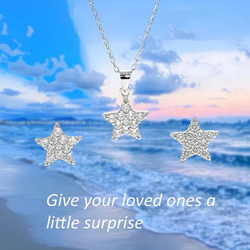 1 Set 925 Sterling Silver Star Zircon White Gold Plated cable chain Earrings Necklace Jewelry Set