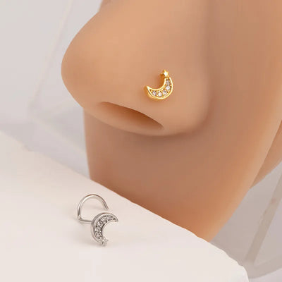 Cool  Micro-Paved Zircon Nose Studs For Men And Women Pierced Nose Rings Star And Crescent Moon Design