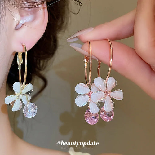 Gold Flowers Hoop Earrings For Women Featuring Resin and Zircon Inlay with 304 Stainless Steel Ear Pins