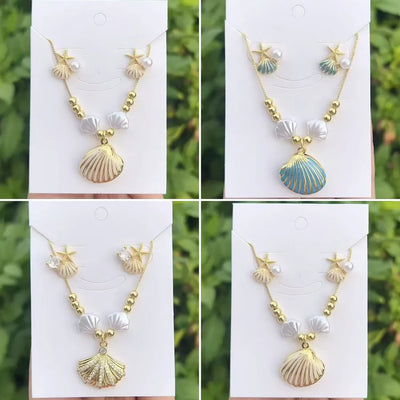 Wholesale Jewelry IG Style Casual Marine Style Starfish Shell Acrylic Pearl Copper Zircon 18K Gold Plated Polishing Enamel Inlay box chain Jewelry Set