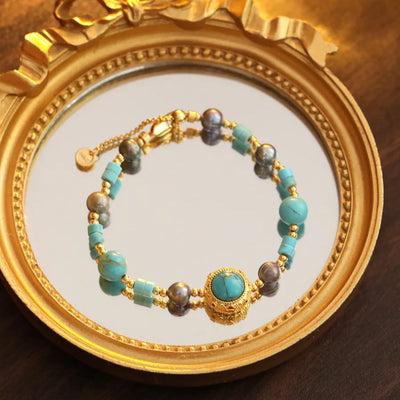 Vintage Chinese Green Turquoise Hollow Out Design Bracelet Women's Wealth Attracting Floral Pattern Freshwater Pearl Bracelet