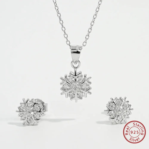 1 Set 925 Sterling Silver Snowflake Zircon White Gold Plated cable chain Jewelry Set