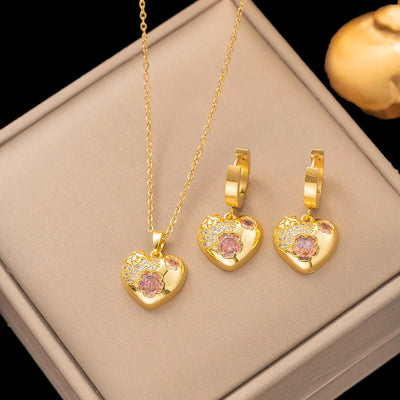 Pink Heart-Shaped Stainless Steel Jewelry Set for Women Minimalist Design No Engraving Accessories