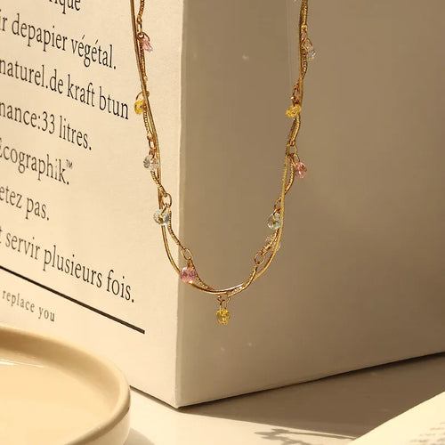 Bronze Plated 18K Gold French Ins Vintage Elegant Lightweight Colorful Zircon Stone Necklace Jewelry Wrapping Line Design