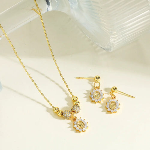 Oval Jewelry Set for Women in Copper with 18K Real Gold Plated Finish and Zircon Inlay Featuring a Rice Bead Chain