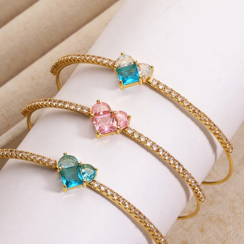 Heart Shape Bangle Bracelet with Claw Setting, 18K Real Gold Plated Copper Featuring Zircon Inlay and Water Plating Process