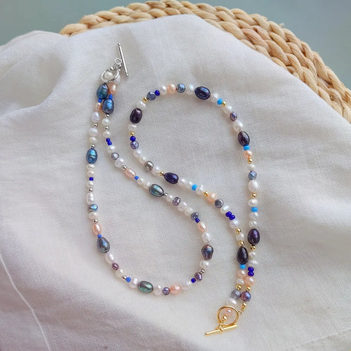 sweet multicolor freshwater pearl copper beaded knitting plating necklace
