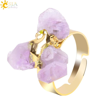 Gold Plated Crystal Quartz Ring Adjustable Band Natural Raw Stone Women's Ring Simple Design Fashion Jewelry Accessory