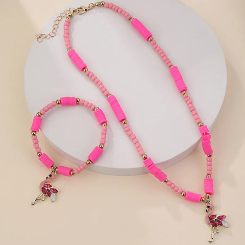 Princess Cute Sweet Flamingo Alloy Seed Bead soft clay Girl'S Bracelets Necklace
