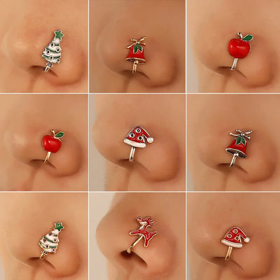 No-Piercing Fake Nose Ring Christmas Series Oil-Drop U-Shaped Nasal Studs And Clips Fashionable Copper Jewelry For Women
