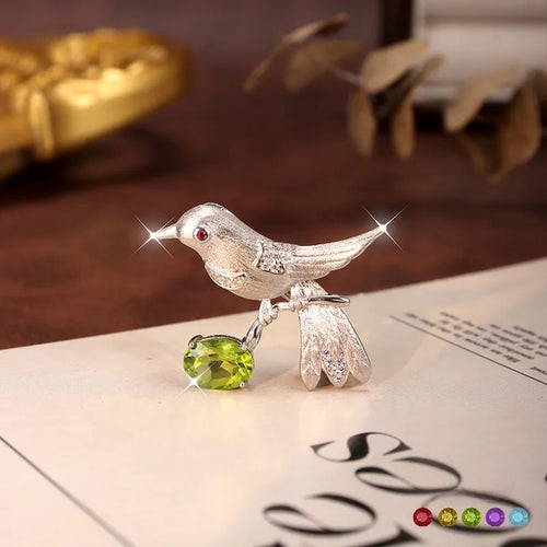 Brushed Silver Parrot Brooch for Women in 925 Sterling Silver with February Birthstone Amethyst
