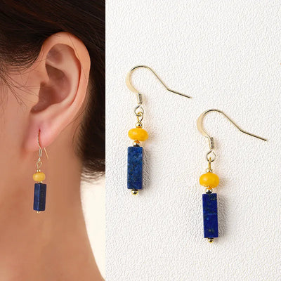 Handmade Natural Lapis Lazuli Earrings Deep Blue Simple Style Retro Chinese Style Geometric Pattern Original Design Women's Jewelry