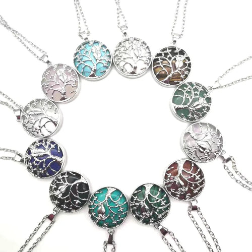 Multi-Color Hollow Owl Natural Stone Pendant Alloy Life Tree Necklace Wedding Crystal Geometric Pattern Ethnic Style Women's Jewelry