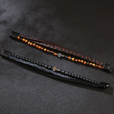 classical cross alloy tiger eye obsidian knitting men's bangle